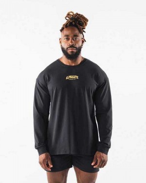 Black Men's Alphalete AA Paisley Print LS Long Sleeve Shirts | UAE-459721