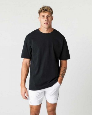 Black Men's Alphalete Heavy Cotton Core Short Sleeve Shirts | UAE-285379