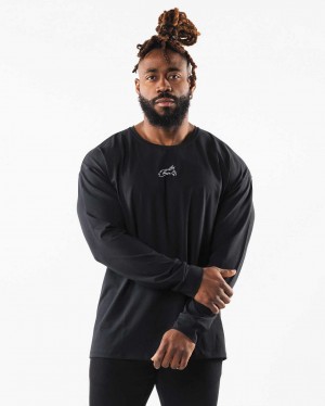 Black Men's Alphalete Wolf Head LS Long Sleeve Shirts | UAE-317420