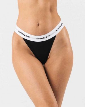 Black Women's Alphalete Acute Thong Underwear | UAE-640935