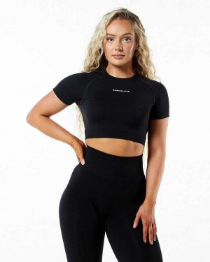 Black Women's Alphalete Amplify SS Crop Short Sleeve Shirts | UAE-689017