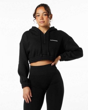 Black Women's Alphalete Classic Capital Crop Hoodie | UAE-167439