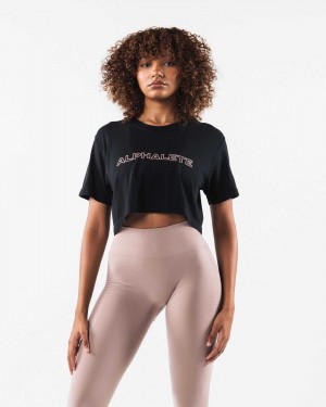 Black Women's Alphalete Core Airtech SS Crop Short Sleeve Shirts | UAE-569021