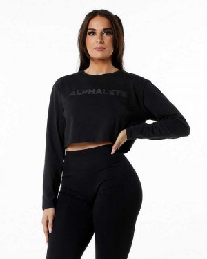 Black Women's Alphalete Core LS Crop Long Sleeve Shirts | UAE-164975