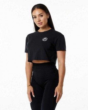 Black Women's Alphalete Dynasty Crop Short Sleeve Shirts | UAE-936580