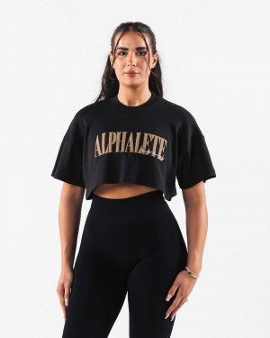 Black Women's Alphalete Republic Crop Short Sleeve Shirts | UAE-268079