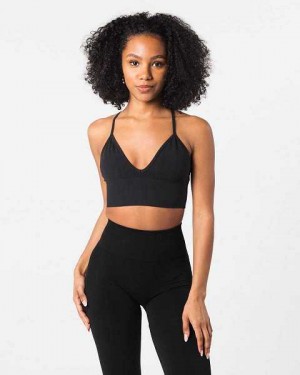 Black Women's Alphalete Seamless Ribbed Sports Bra | UAE-716802