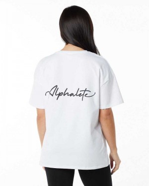 Black Women's Alphalete Signature Oversized Short Sleeve Shirts | UAE-463702