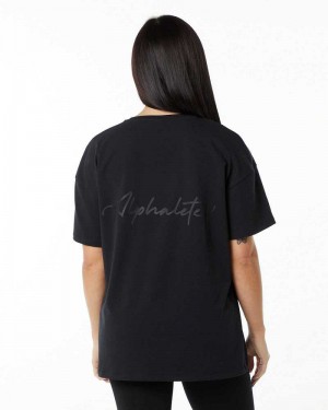 Black Women's Alphalete Signature Oversized Short Sleeve Shirts | UAE-912840