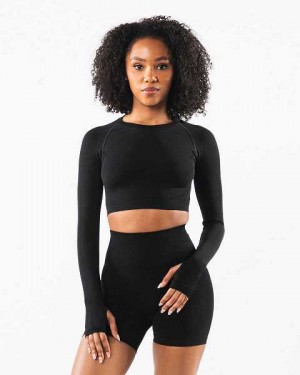 Black Women's Alphalete Stratus LS Crop Long Sleeve Shirts | UAE-471982