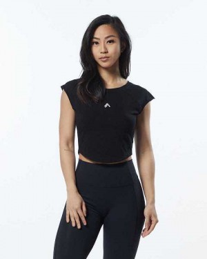 Black Women's Alphalete Velocity Crop Short Sleeve Shirts | UAE-805749