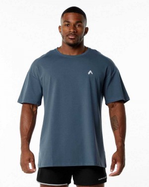 Blue Men's Alphalete Emblem Short Sleeve Shirts | UAE-981402