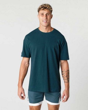 Blue Men's Alphalete Heavy Cotton Core Short Sleeve Shirts | UAE-720698