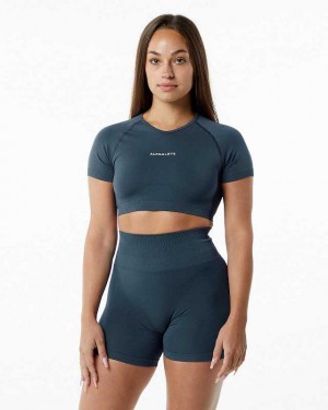 Blue Women's Alphalete Amplify V-Neck Crop Short Sleeve Shirts | UAE-358429