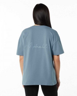 Blue Women's Alphalete Signature Oversized Short Sleeve Shirts | UAE-269741