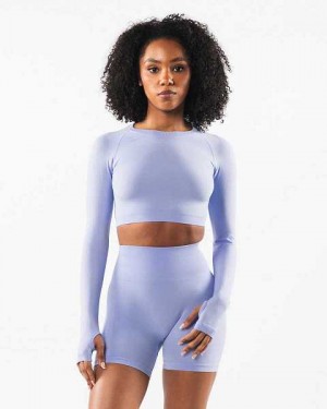 Blue Women's Alphalete Stratus LS Crop Long Sleeve Shirts | UAE-420386