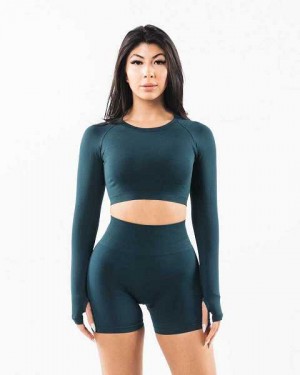 Blue Women's Alphalete Stratus LS Crop Long Sleeve Shirts | UAE-974681