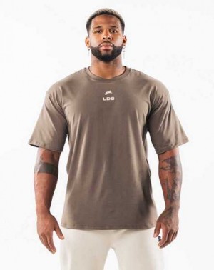 Brown Men's Alphalete Brushed Crest Short Sleeve Shirts | UAE-760298