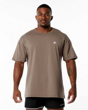 Brown Men's Alphalete Emblem Short Sleeve Shirts | UAE-563489