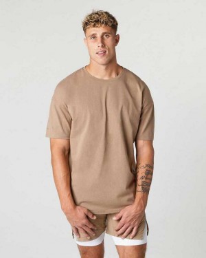 Brown Men's Alphalete Heavy Cotton Core Short Sleeve Shirts | UAE-397286