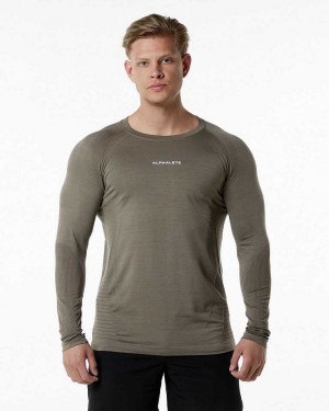 Brown Men's Alphalete Ozone LS Long Sleeve Shirts | UAE-935402