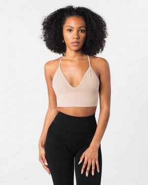 Brown Women's Alphalete Seamless Ribbed Sports Bra | UAE-643915