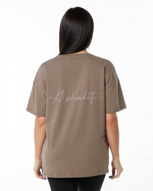 Brown Women's Alphalete Signature Oversized Short Sleeve Shirts | UAE-680194