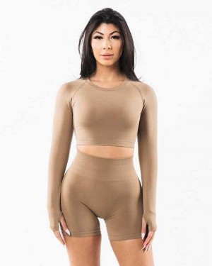 Brown Women's Alphalete Stratus LS Crop Long Sleeve Shirts | UAE-679140