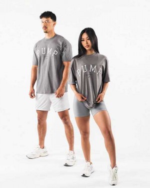 Grey Men's Alphalete Pump University Short Sleeve Shirts | UAE-527401