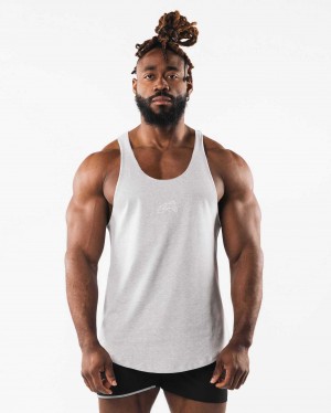 Grey Men's Alphalete Wolf Head Raw Cut Tanks | UAE-438165