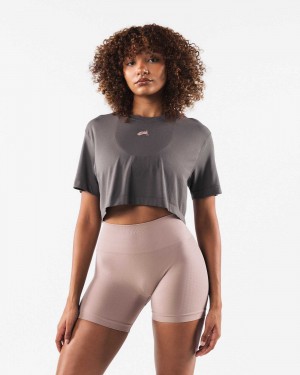 Grey Women's Alphalete Wolf Head Airtech SS Crop Short Sleeve Shirts | UAE-106782