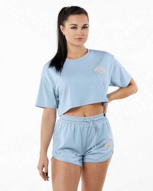 Light Blue Women's Alphalete Varsity Crop Short Sleeve Shirts | UAE-639245