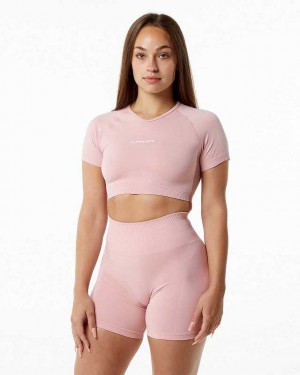 Pink Women's Alphalete Amplify V-Neck Crop Short Sleeve Shirts | UAE-976450