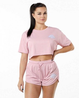 Pink Women's Alphalete Varsity Crop Short Sleeve Shirts | UAE-582194