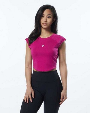 Pink Women's Alphalete Velocity Crop Short Sleeve Shirts | UAE-467012