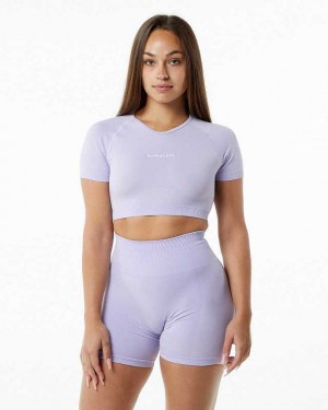 Purple Women's Alphalete Amplify V-Neck Crop Short Sleeve Shirts | UAE-907132