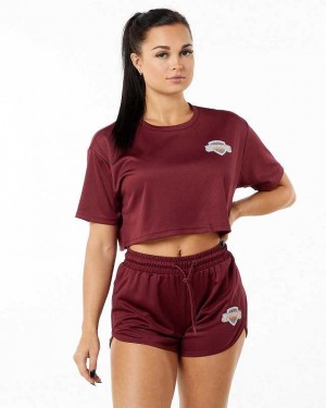 Red Women's Alphalete Varsity Crop Short Sleeve Shirts | UAE-548027