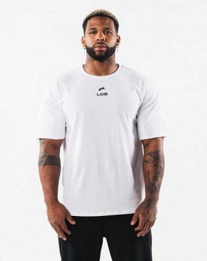 White Men's Alphalete Brushed Crest Short Sleeve Shirts | UAE-043789