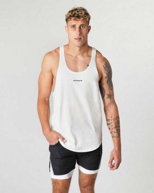 White Men's Alphalete Heavy Cotton Core Stringer Tanks | UAE-812063