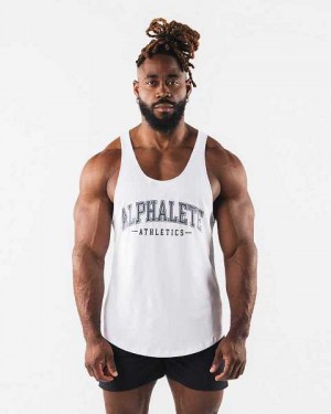 White Men's Alphalete Paisley Print Raw Cut Tanks | UAE-107396