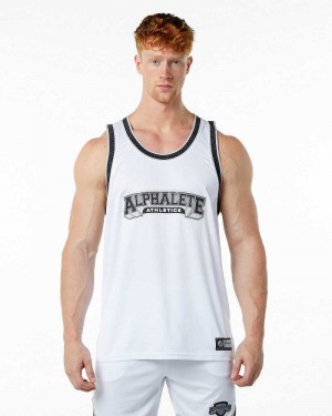 White Men's Alphalete Varsity Basketball Tanks | UAE-531798