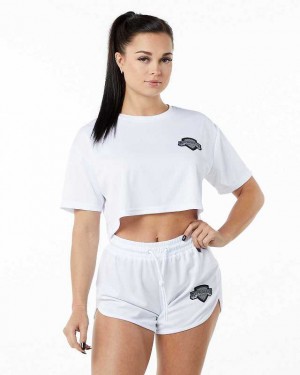 White Women's Alphalete Varsity Crop Short Sleeve Shirts | UAE-028146