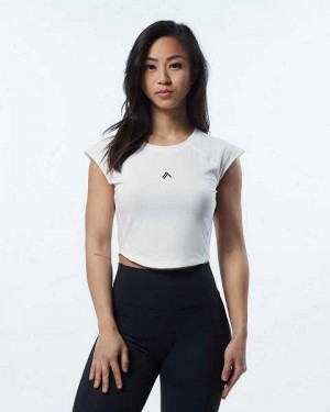 White Women's Alphalete Velocity Crop Short Sleeve Shirts | UAE-423856