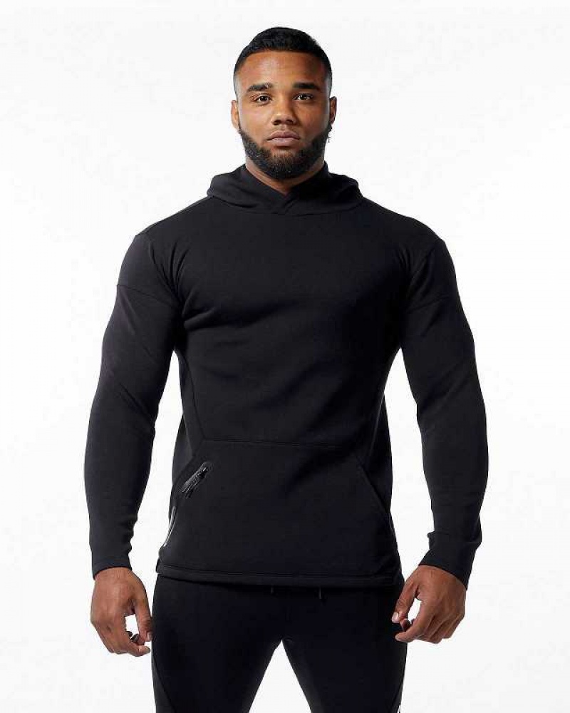 Black Men\'s Alphalete ELMTS Fitted Hoodie | UAE-679584