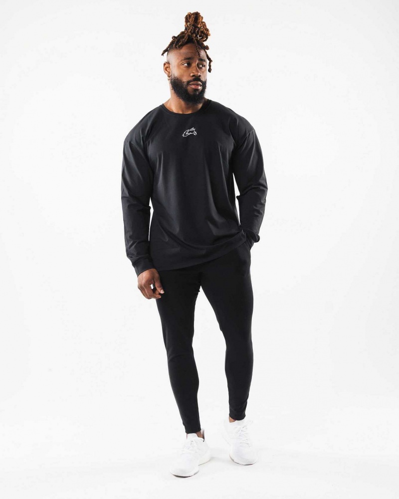 Black Men's Alphalete Wolf Head LS Long Sleeve Shirts | UAE-317420