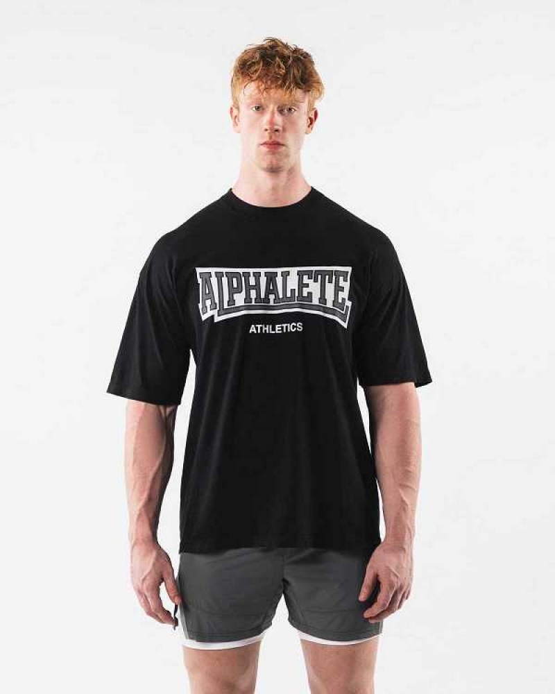 Black Unisex Alphalete Varsity Short Sleeve Shirts | UAE-079325