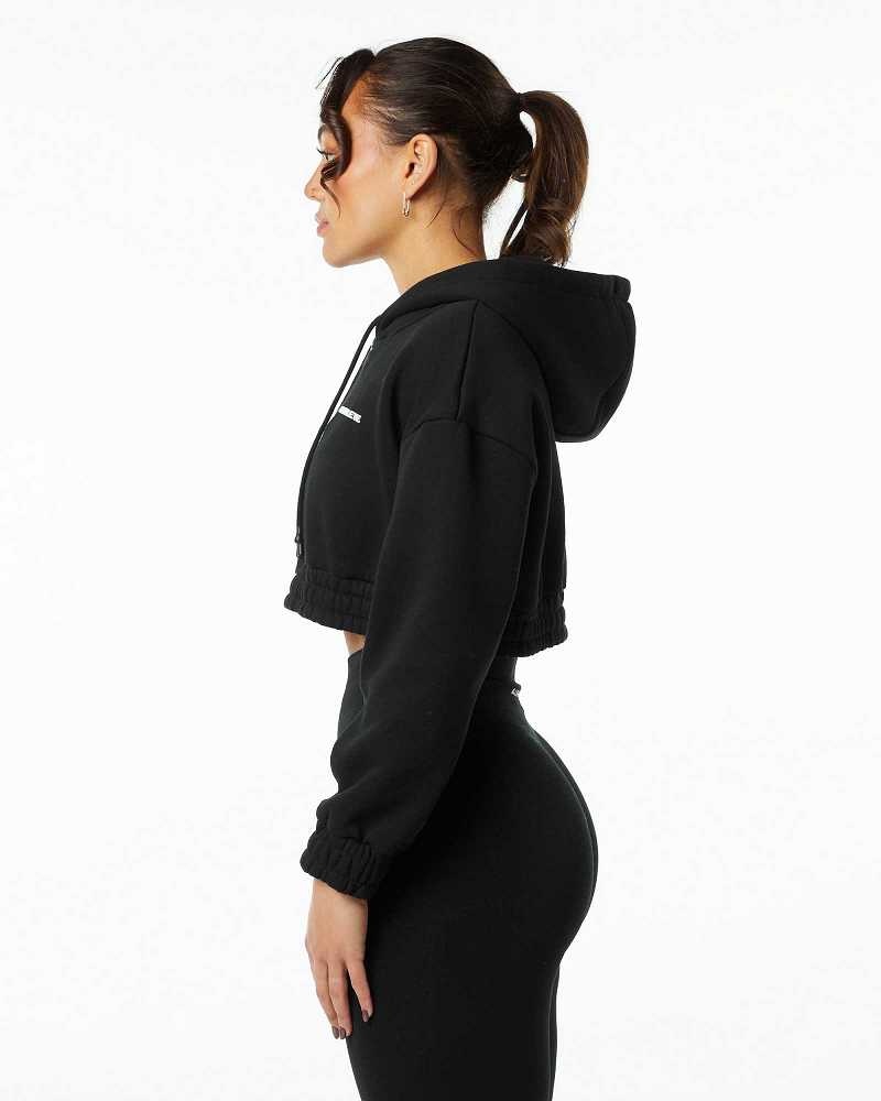 Black Women's Alphalete Classic Capital Crop Hoodie | UAE-167439