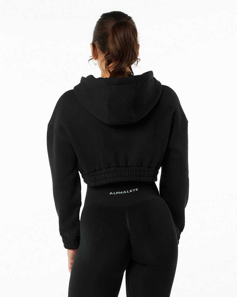 Black Women's Alphalete Classic Capital Crop Hoodie | UAE-167439