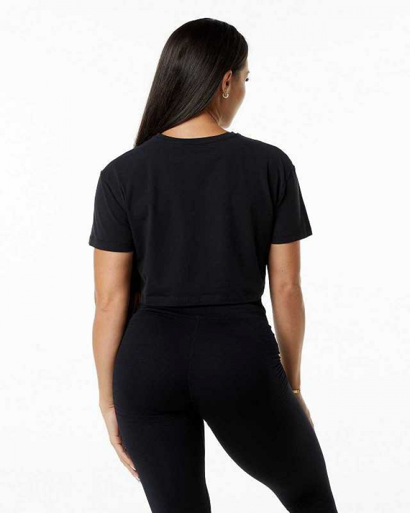 Black Women's Alphalete Dynasty Crop Short Sleeve Shirts | UAE-936580