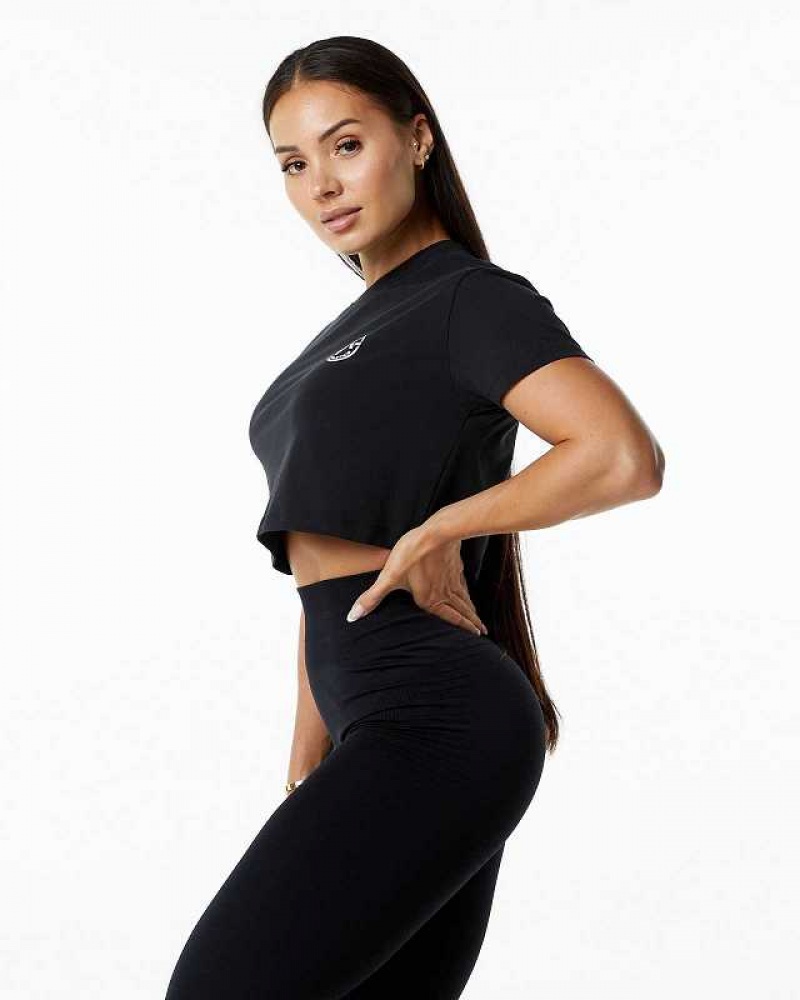 Black Women's Alphalete Dynasty Crop Short Sleeve Shirts | UAE-936580